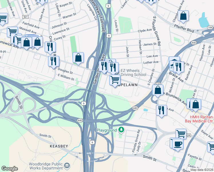 map of restaurants, bars, coffee shops, grocery stores, and more near 41 Emmett Avenue in Perth Amboy