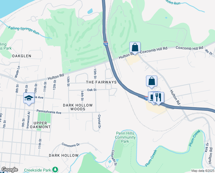 map of restaurants, bars, coffee shops, grocery stores, and more near 1504 Pinehurst Lane in Oakmont
