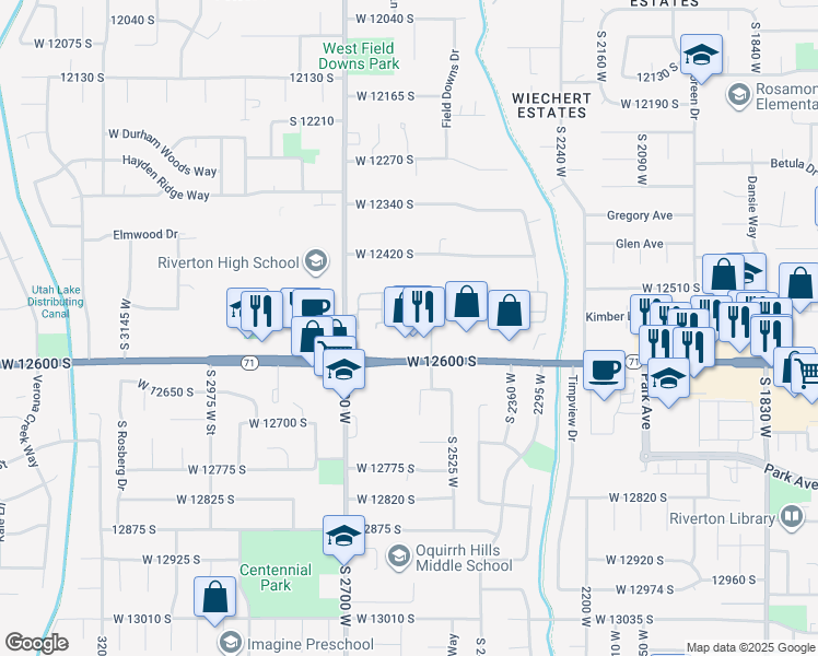 map of restaurants, bars, coffee shops, grocery stores, and more near 12509 Falls Creek Road in Riverton