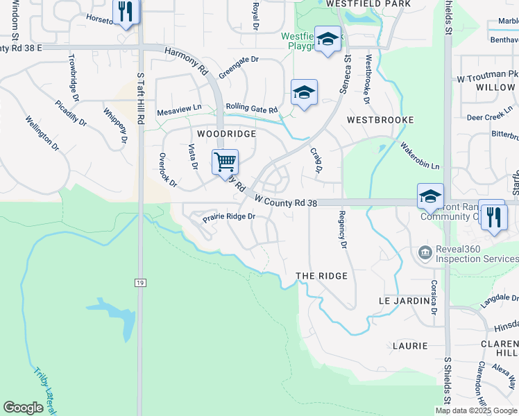 map of restaurants, bars, coffee shops, grocery stores, and more near 4602 Morning Dove Court in Fort Collins