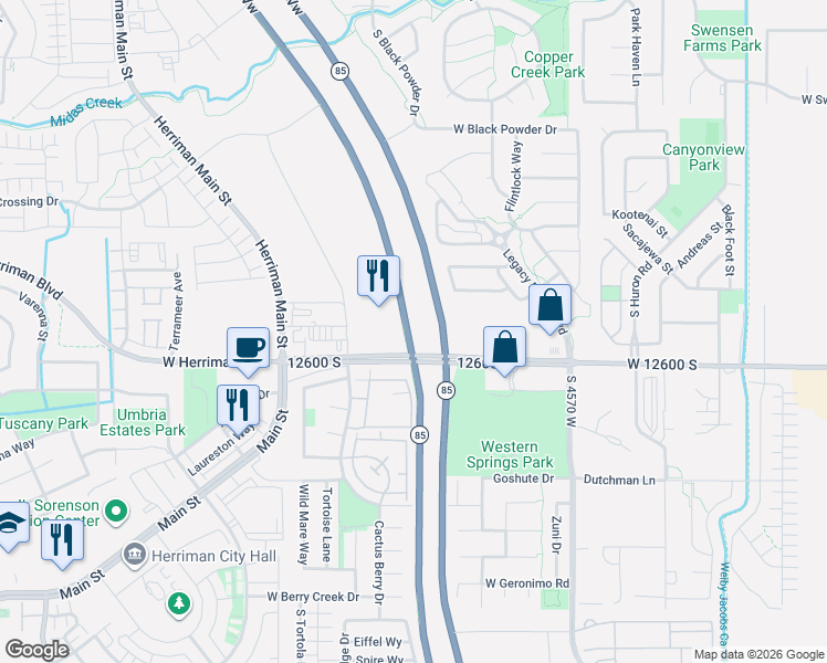 map of restaurants, bars, coffee shops, grocery stores, and more near 4754 West 12600 South in Herriman