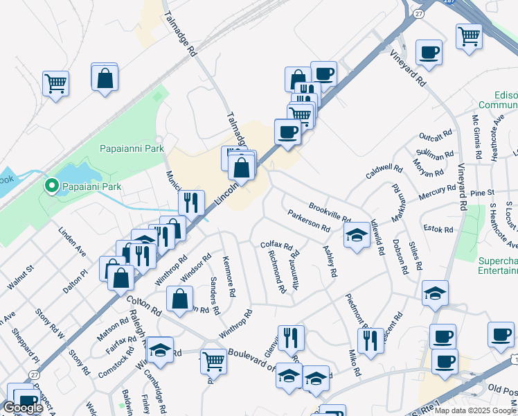 map of restaurants, bars, coffee shops, grocery stores, and more near 23 Sturgis Road in Edison