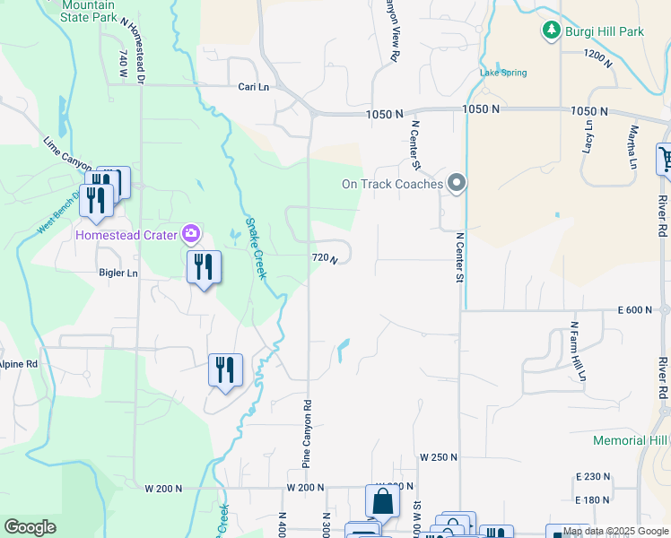 map of restaurants, bars, coffee shops, grocery stores, and more near 285 West Burnts Field Road in Midway