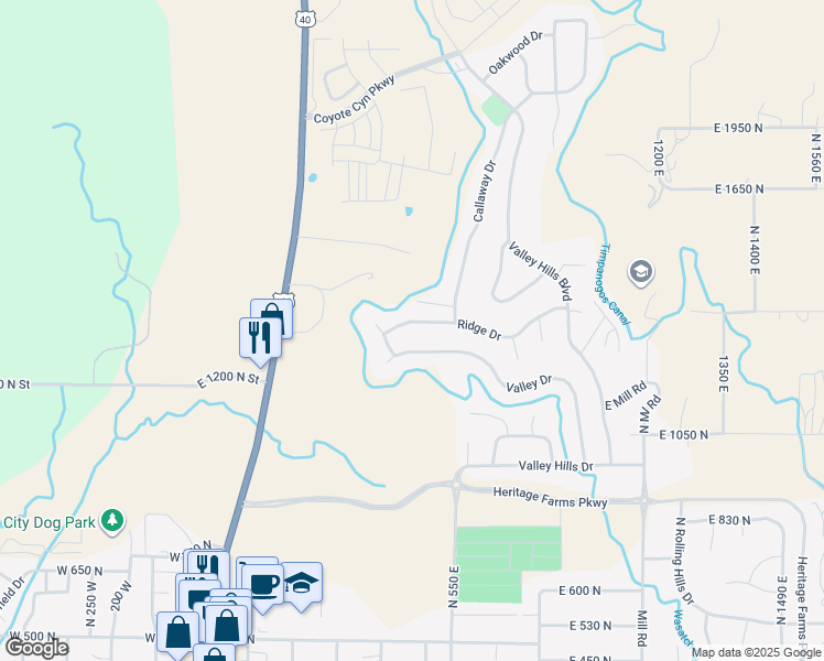 map of restaurants, bars, coffee shops, grocery stores, and more near 470 Ridge Drive in Heber City