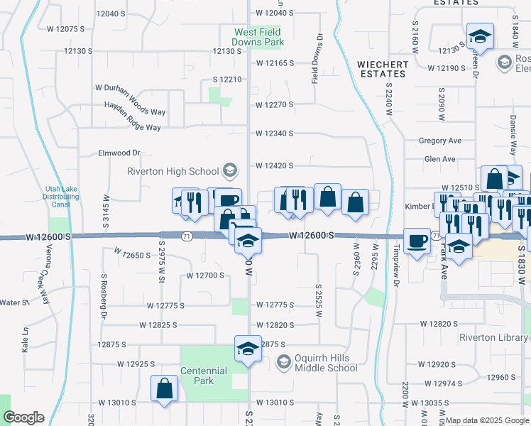 map of restaurants, bars, coffee shops, grocery stores, and more near 12548 West Alice Springs Road in Riverton
