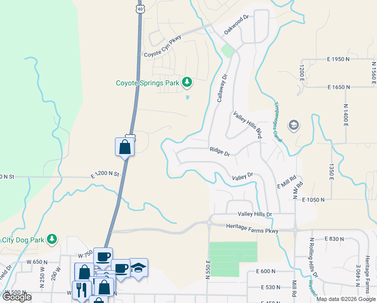 map of restaurants, bars, coffee shops, grocery stores, and more near 477 Ridge Drive in Heber City