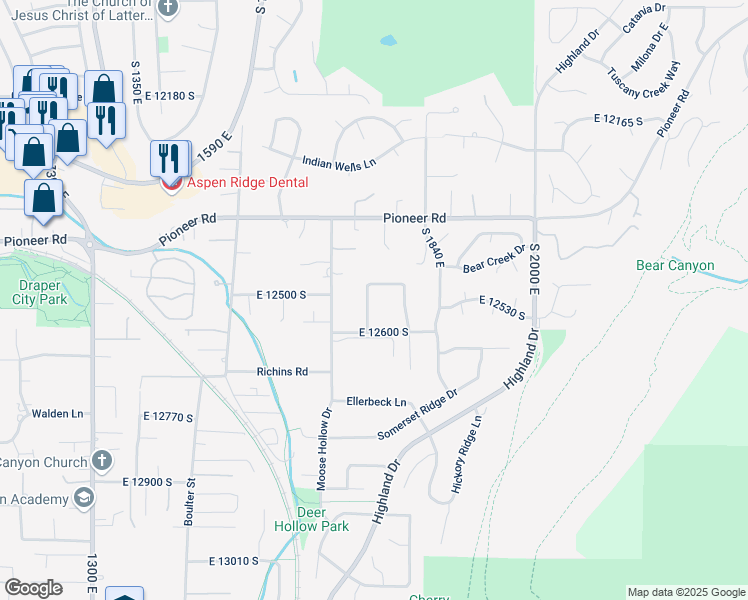 map of restaurants, bars, coffee shops, grocery stores, and more near 12547 South 1745 East in Draper