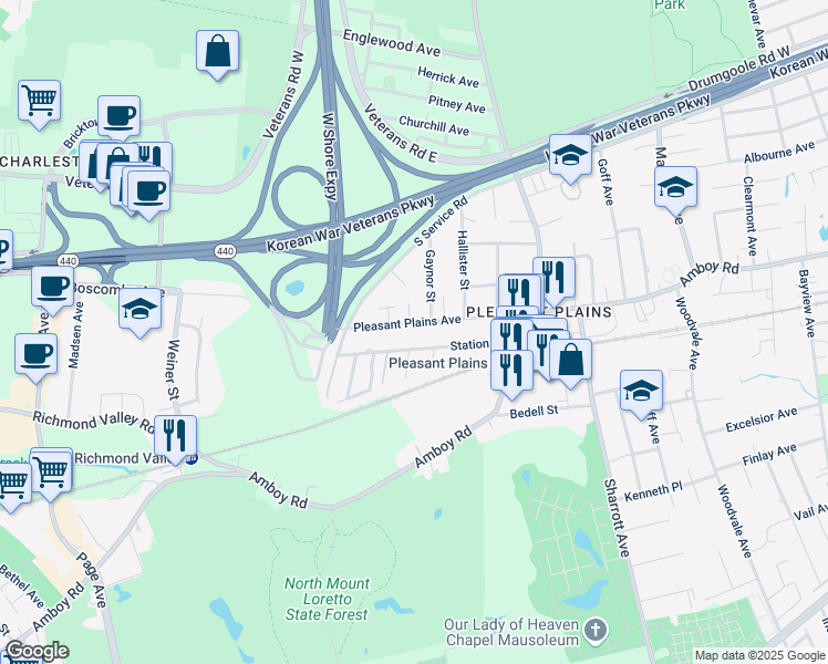 map of restaurants, bars, coffee shops, grocery stores, and more near 6 Gaynor Street in Staten Island