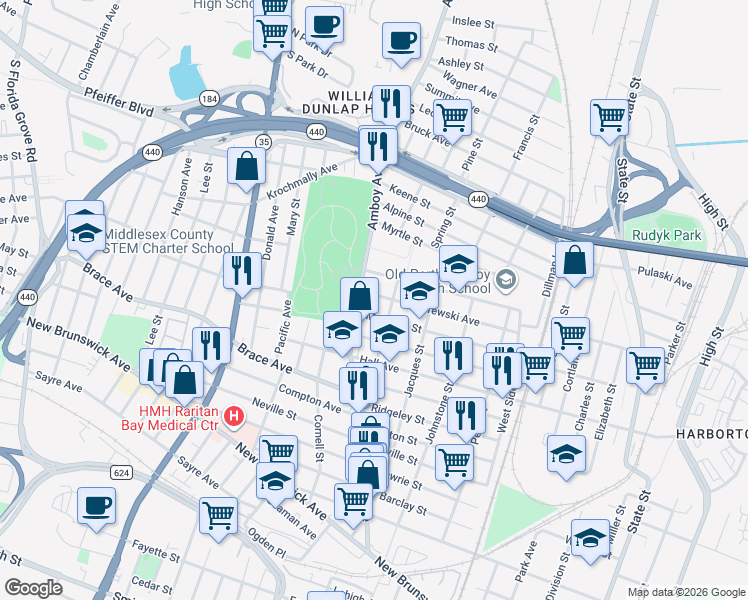 map of restaurants, bars, coffee shops, grocery stores, and more near 702 Amboy Avenue in Perth Amboy