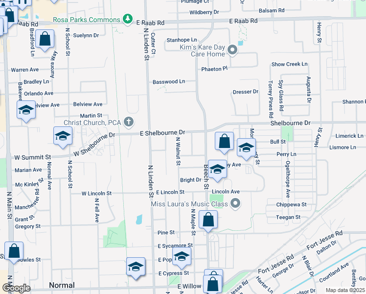 map of restaurants, bars, coffee shops, grocery stores, and more near 1408 North Walnut Street in Normal