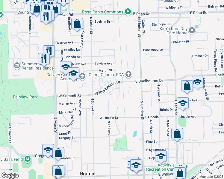 map of restaurants, bars, coffee shops, grocery stores, and more near in Normal