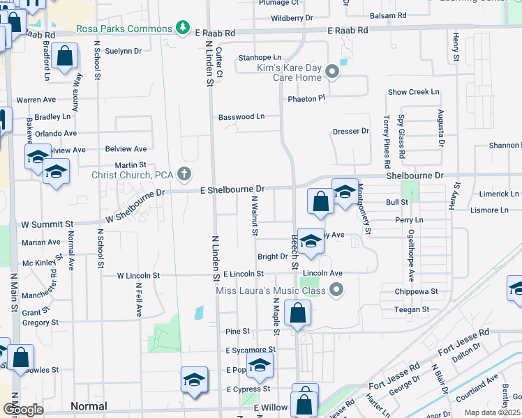 map of restaurants, bars, coffee shops, grocery stores, and more near 1408 North Walnut Street in Normal
