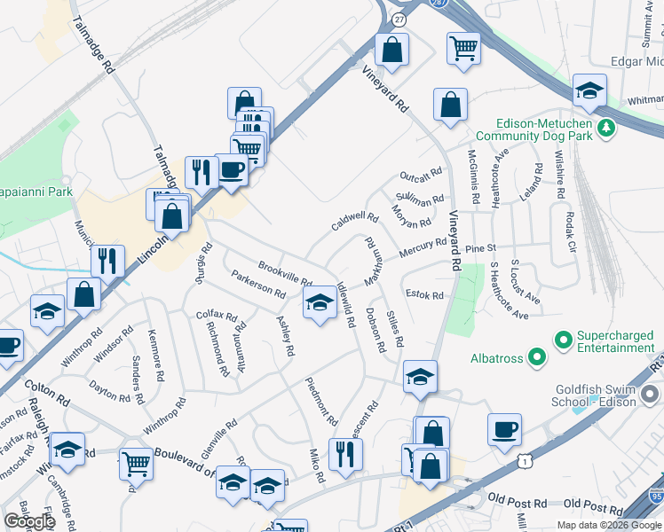 map of restaurants, bars, coffee shops, grocery stores, and more near 48 Caldwell Road in Edison