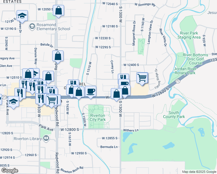 map of restaurants, bars, coffee shops, grocery stores, and more near 1373 Stewart Falls Drive in Riverton