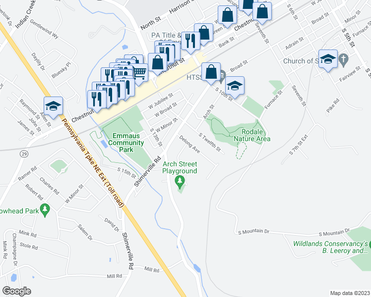 map of restaurants, bars, coffee shops, grocery stores, and more near 302 Delong Avenue in Emmaus