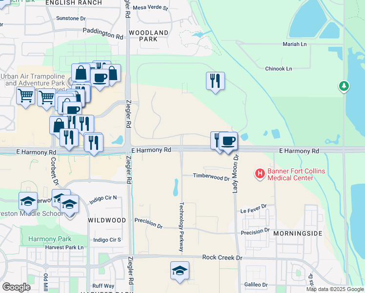 map of restaurants, bars, coffee shops, grocery stores, and more near East Harmony Road & Technology Parkway in Fort Collins