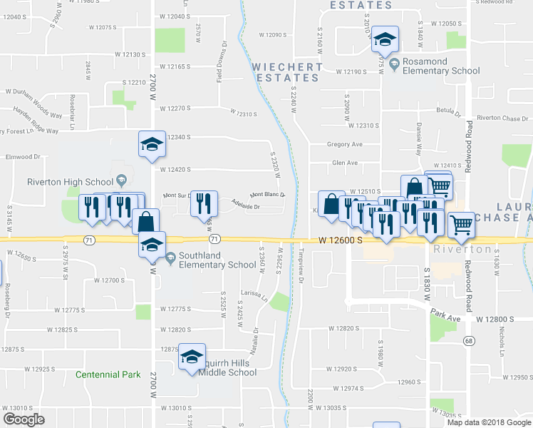 map of restaurants, bars, coffee shops, grocery stores, and more near 2423 West Montcalm Drive in Riverton