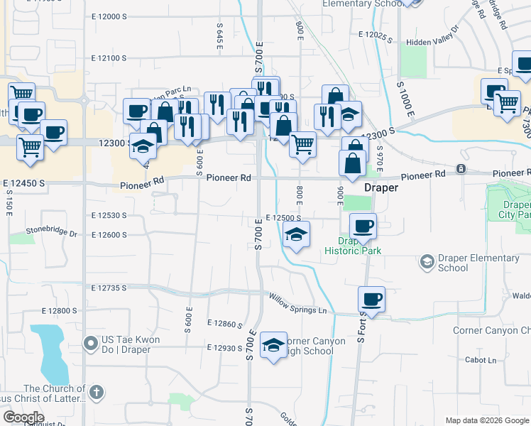 map of restaurants, bars, coffee shops, grocery stores, and more near 12464 South 700 East in Draper