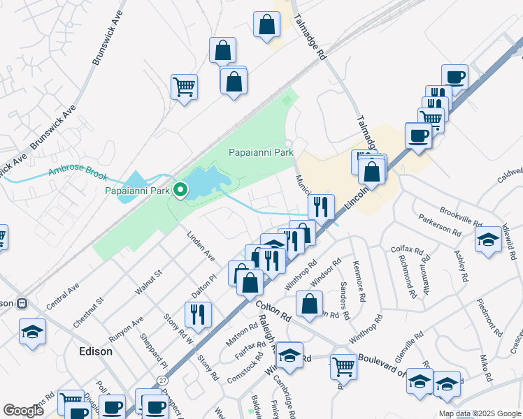map of restaurants, bars, coffee shops, grocery stores, and more near 6 Wallace Street in Edison