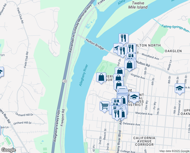 map of restaurants, bars, coffee shops, grocery stores, and more near 717 Riverside Drive in Oakmont