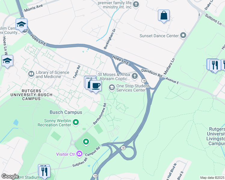 map of restaurants, bars, coffee shops, grocery stores, and more near 65 Davidson Road in Piscataway Township