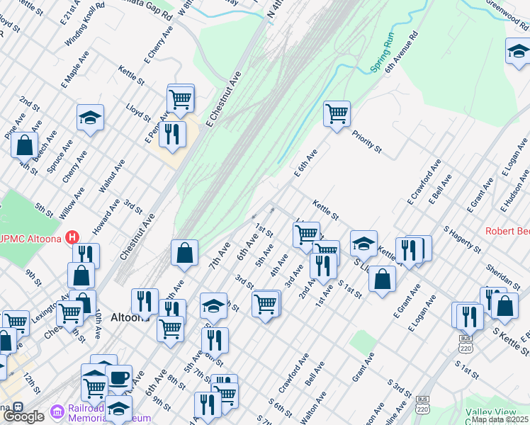 map of restaurants, bars, coffee shops, grocery stores, and more near 130-214 East Bellwood Avenue in Altoona
