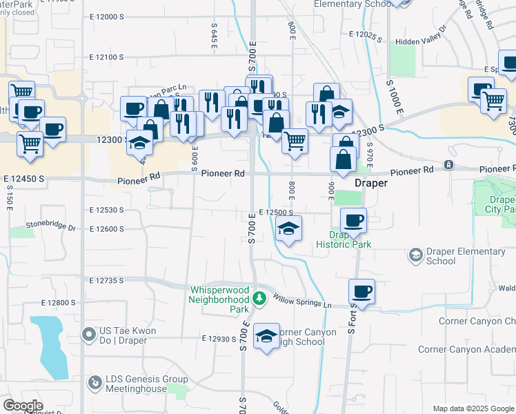 map of restaurants, bars, coffee shops, grocery stores, and more near 12487 700 East in Draper
