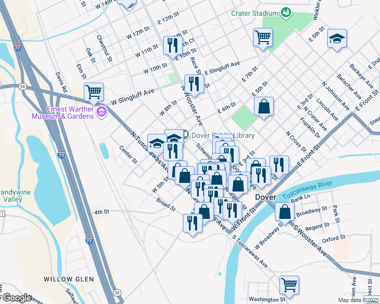 map of restaurants, bars, coffee shops, grocery stores, and more near 520 North Walnut Street in Dover