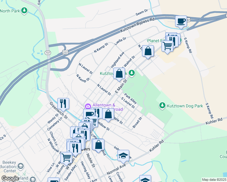 map of restaurants, bars, coffee shops, grocery stores, and more near 319 East Main Street in Kutztown