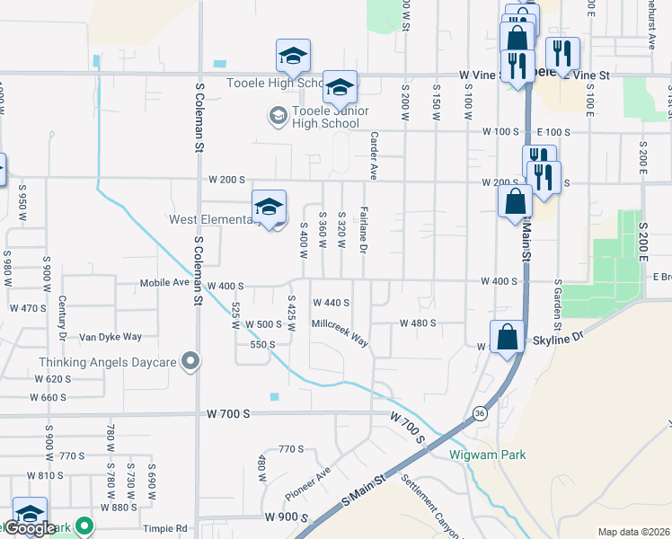 map of restaurants, bars, coffee shops, grocery stores, and more near 390 South 320 West in Tooele