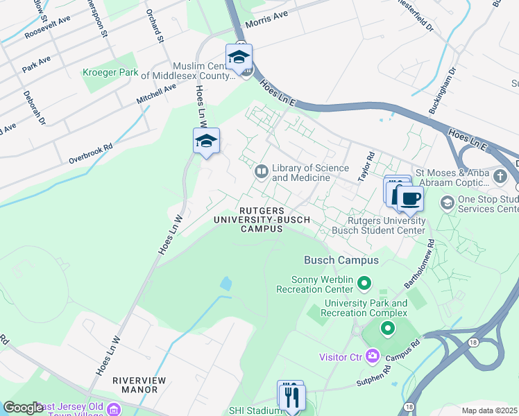 map of restaurants, bars, coffee shops, grocery stores, and more near 160 Frelinghuysen Road in Piscataway Township