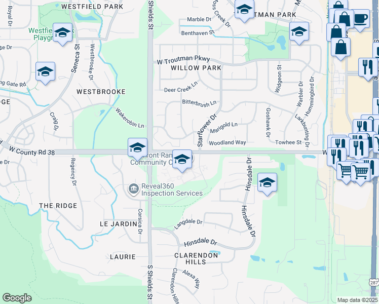 map of restaurants, bars, coffee shops, grocery stores, and more near 801 West County Road 38 in Fort Collins