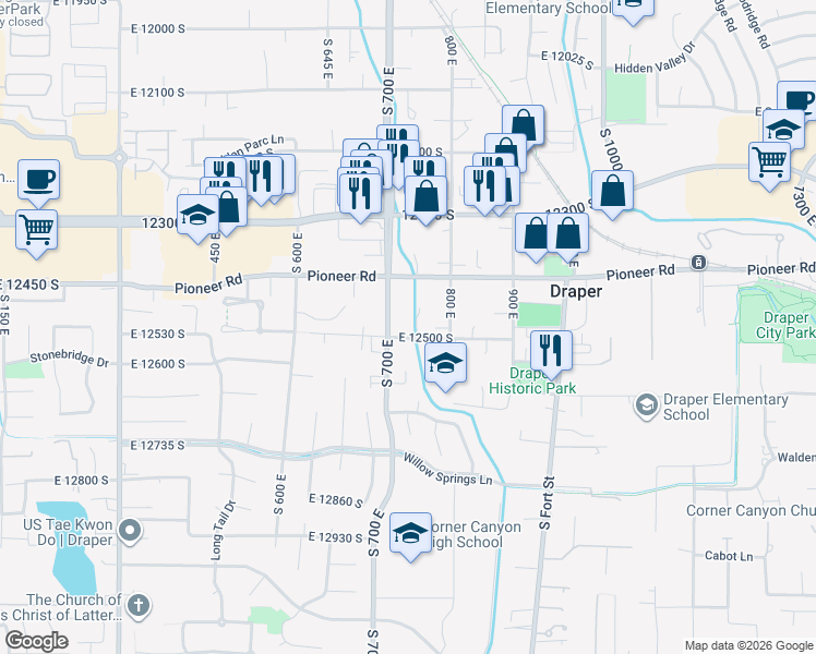 map of restaurants, bars, coffee shops, grocery stores, and more near 753 East 12500 South in Draper