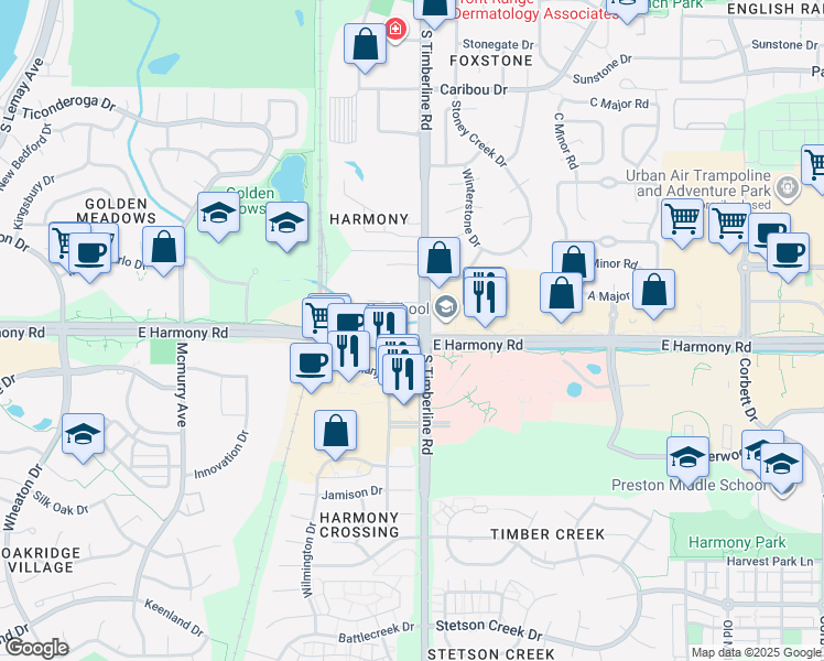 map of restaurants, bars, coffee shops, grocery stores, and more near 2007 Timberline Lane in Fort Collins
