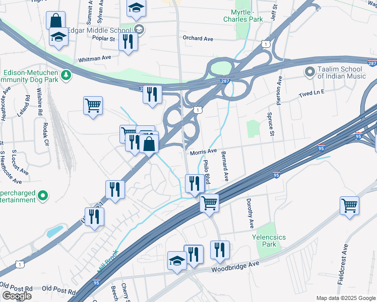 map of restaurants, bars, coffee shops, grocery stores, and more near 2 Morris Avenue in Edison