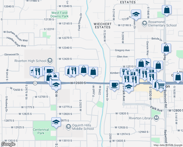 map of restaurants, bars, coffee shops, grocery stores, and more near 2372 Adelaide Drive in Riverton