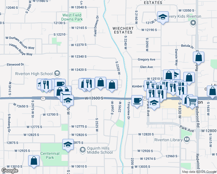 map of restaurants, bars, coffee shops, grocery stores, and more near 12512 Mont Blanc Drive in Riverton
