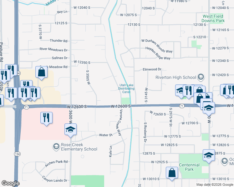 map of restaurants, bars, coffee shops, grocery stores, and more near 12500 South 3400 West in Riverton