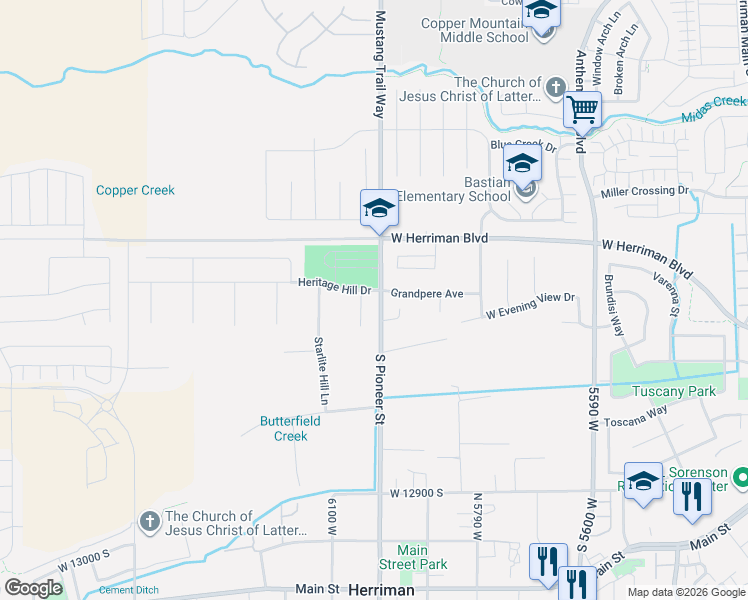 map of restaurants, bars, coffee shops, grocery stores, and more near 12533 Majestic Hill Court in Herriman