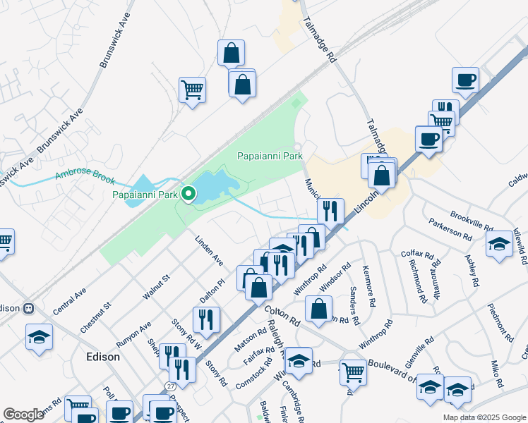 map of restaurants, bars, coffee shops, grocery stores, and more near 123 Dunham Avenue in Edison