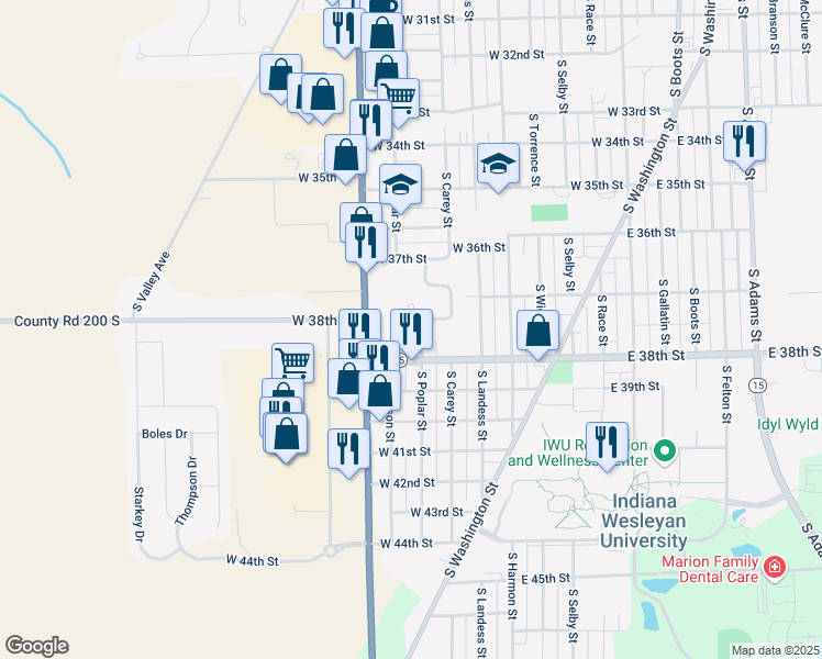 map of restaurants, bars, coffee shops, grocery stores, and more near 3744 Prince Hall Drive in Marion