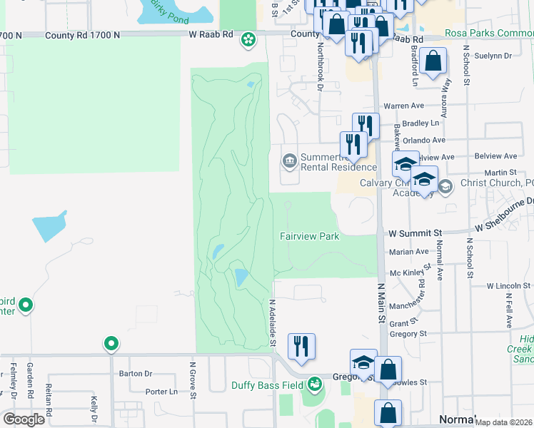 map of restaurants, bars, coffee shops, grocery stores, and more near Constitution Trail in Normal