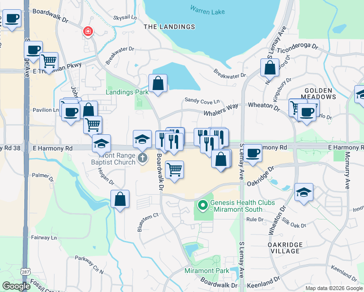map of restaurants, bars, coffee shops, grocery stores, and more near 813 East Harmony Road in Fort Collins