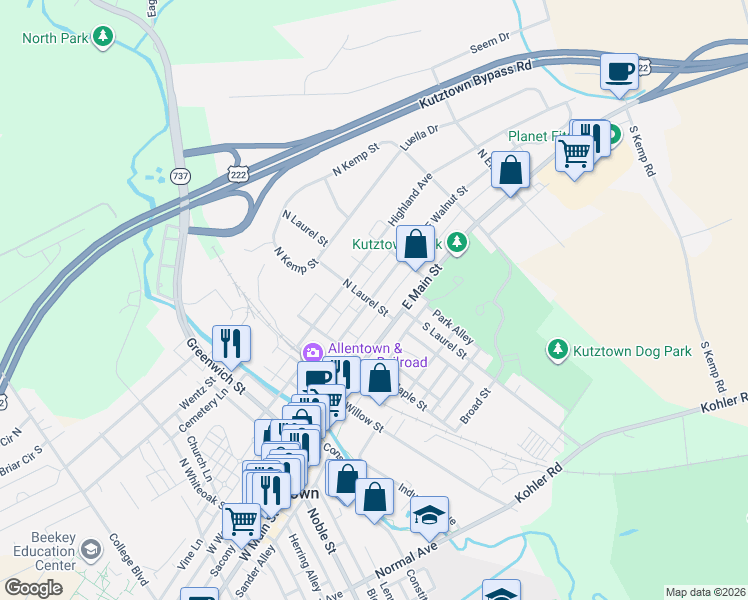 map of restaurants, bars, coffee shops, grocery stores, and more near 103 North Laurel Street in Kutztown