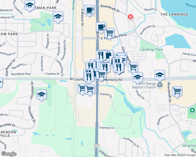map of restaurants, bars, coffee shops, grocery stores, and more near S College Ave & E Harmony Rd in Fort Collins