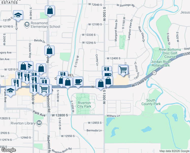 map of restaurants, bars, coffee shops, grocery stores, and more near 12530 Stewart Falls Drive in Riverton