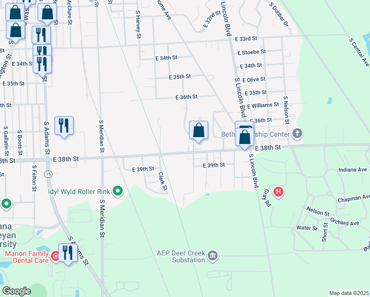 map of restaurants, bars, coffee shops, grocery stores, and more near 1045 East 38th Street in Marion