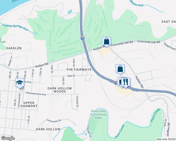 map of restaurants, bars, coffee shops, grocery stores, and more near 1504 Pinehurst Lane in Oakmont
