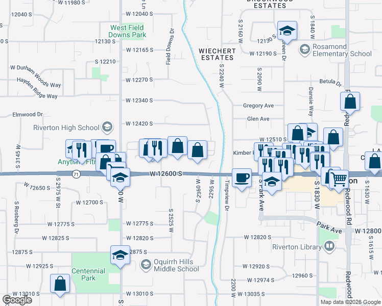 map of restaurants, bars, coffee shops, grocery stores, and more near 12512 Mont Blanc Drive in Riverton