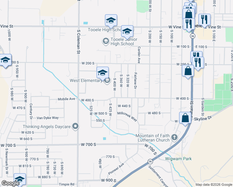 map of restaurants, bars, coffee shops, grocery stores, and more near 377 South 400 West in Tooele